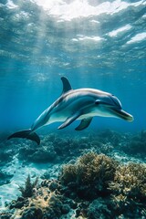 Obraz premium Dolphin breaching near reef restoration project captures marine sustainability