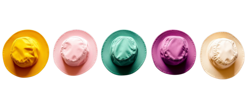 Colorful wide-brimmed hats in yellow, pink, green, purple, and beige on transparent background