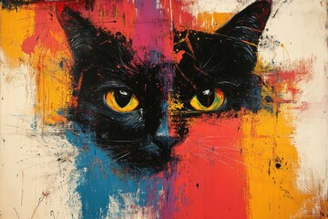 A black cat portrait with vibrant colors painted on canvas