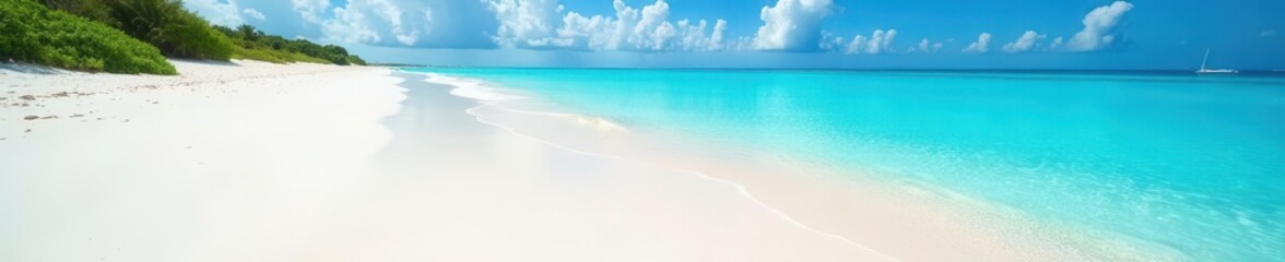 Fototapeta premium Azure waters lap a pristine, white sand beach , tropical beach, bird's eye view, ocean