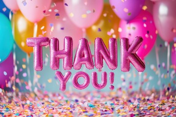 Thank you balloons floating with falling confetti and colorful balloons in background