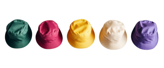 Colorful bucket hats in green, red, yellow, beige, and purple on transparent background