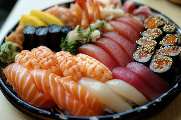 Various types of fresh and delicious Japanese sushi served on a white plate, diet, healthy