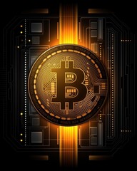 Glowing Bitcoin Cryptocurrency on Circuit Board Digital Currency Finance Technology