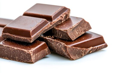 A delectable pile of smooth chocolate pieces invitingly displayed on a clean white background, perfect for culinary artistry
