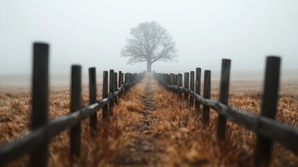 Obraz premium Misty Meadow Path Lone Tree Beckons on Foggy Day with Wooden Fence