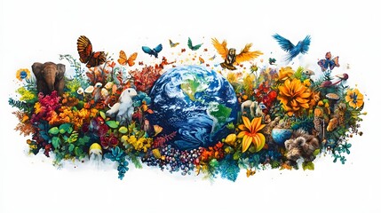 Naklejka premium Thriving Global Ecosystem with Vibrant Wildlife and Diverse Flora
