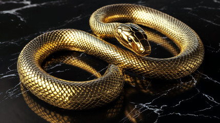 Fototapeta premium Golden snake sculpture on black marble background