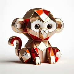 A low-poly 3D model of a golden red cute monkey. Its geometric design features shiny, metallic polygons