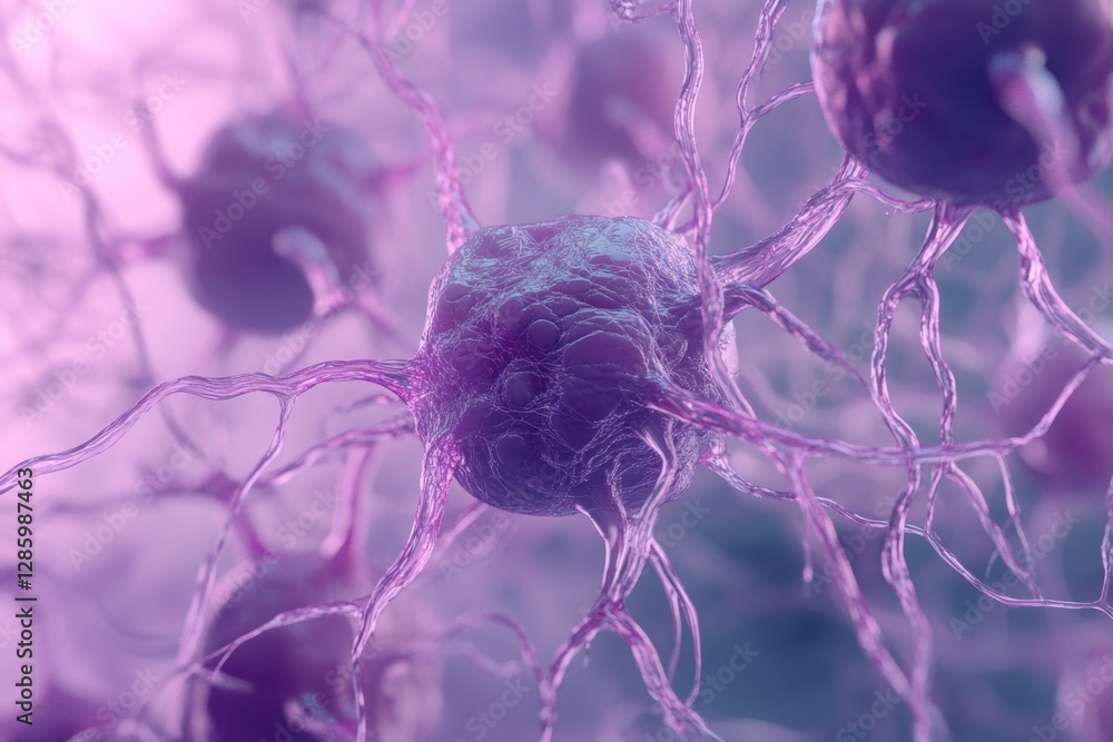 Poster exploring the intricate world of neurons in a colorful representation of the human brain at a micros