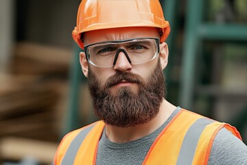 Bearded construction worker wearing orange safety vest and hard hat with determined look representing labor force industrial expertise skilled trades occupational safety strong professional presence