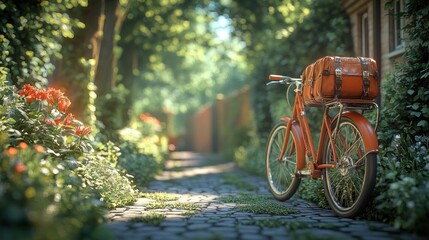 Fototapeta premium Vintage bike in sunlit garden pathway
