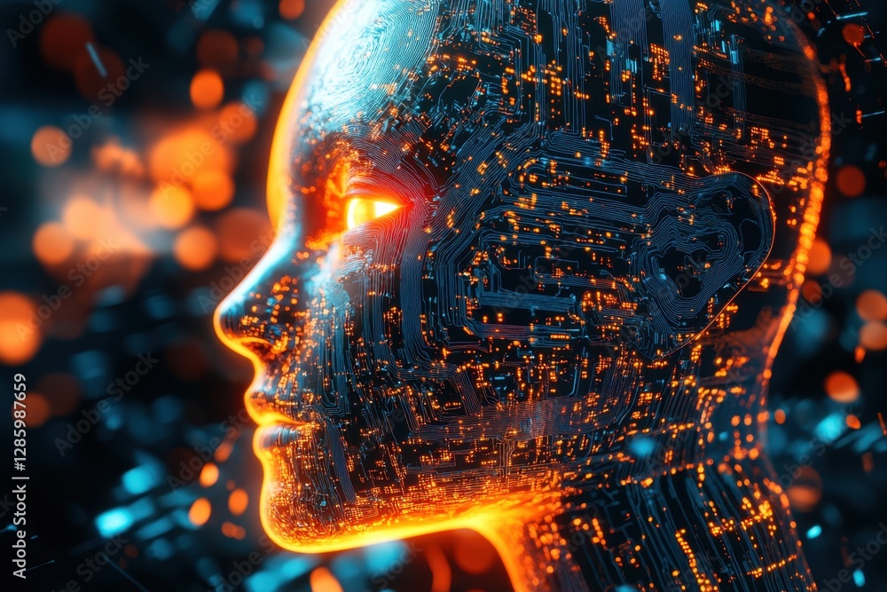 Poster vivid representation of a futuristic humanoid form illuminated by glowing circuitry in a dynamic, hi