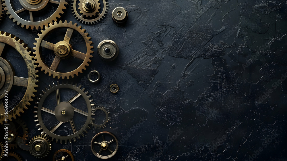 Poster close-up of intricate metallic gears arranged artistically on a textured dark background