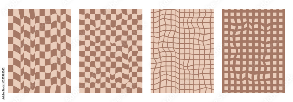Poster checkerboard background set. psychedelic checker posters templates. vintage distorted grid y2k verti