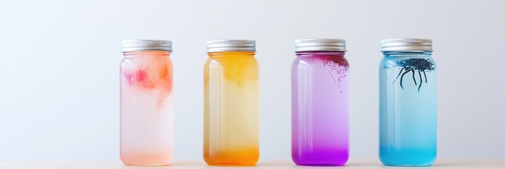 Four jars of different colors, one of which is blue. The jars are lined up on a table