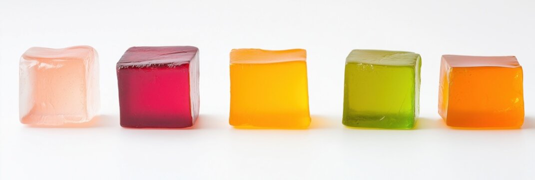 A row of colorful cubes made of a clear substance. The cubes are arranged in a line, with the pink cube on the left and the green cube on the right