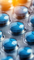 Close up of Blue Pills in Blister Pack Pharmaceutical Medicine Healthcare Concept