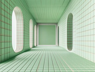 Obraz premium Serene mint green hallway stretches endlessly soft light illuminates geometric tile walls. AI Generated