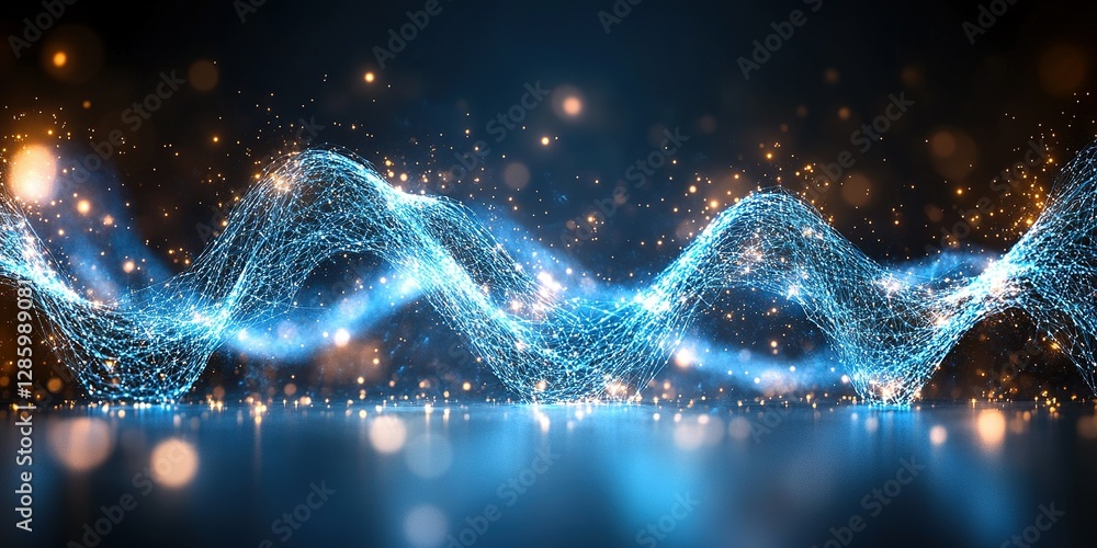 Poster dynamic blue light waves create a mesmerizing digital abstract landscape filled with sparkling parti