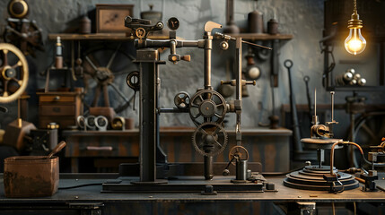 Fototapeta premium Vintage workshop with intricate machinery and tools, illuminated by warm light, showcasing craftsmanship