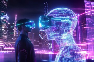 Obraz premium Futuristic encounter between a human and a holographic figure in a vibrant neon cityscape at night. Generative AI