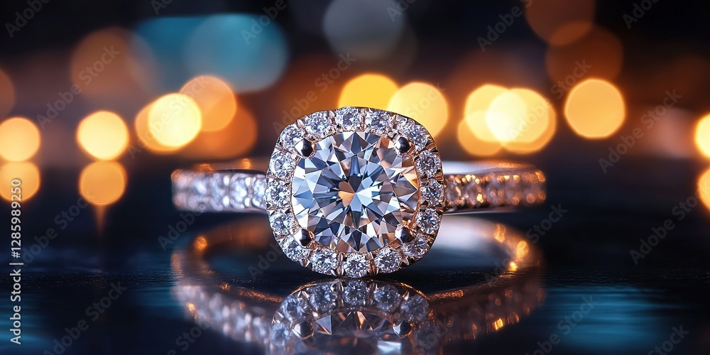 Poster sparkling diamond ring displayed elegantly against a backdrop of soft bokeh lights during an evening