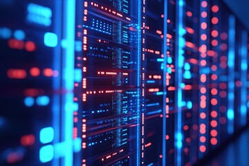 Naklejka premium Vibrant visuals of advanced technology in a modern data center showcasing glowing servers and intricate circuitry at night. Generative AI