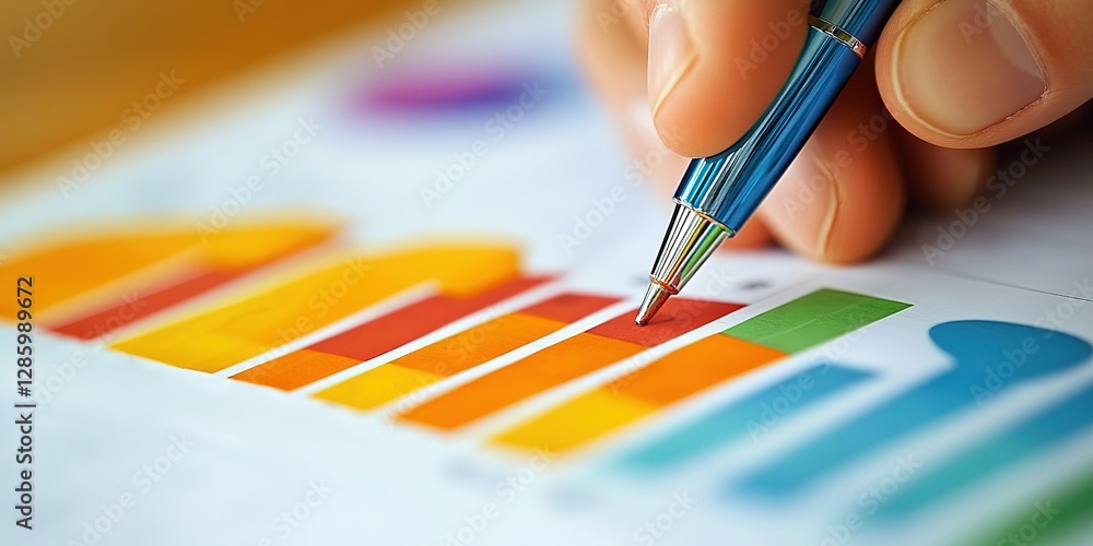 Poster analyzing colorful bar graphs with a pen in a professional setting during a business meeting