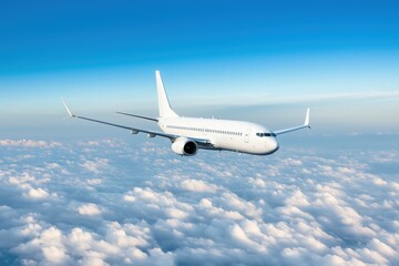 Obraz premium A white airplane is flying through a cloudy sky. The clouds are white and fluffy, and the sky is blue. The airplane is the main focus of the image, and it is soaring through the air with ease