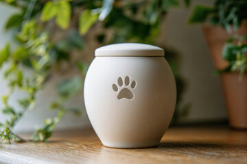 Ceramic pet urn with a paw print on a wooden table