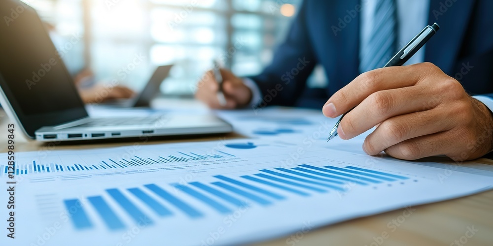 Poster business professional analyzing financial data and creating reports in a modern office during daytim