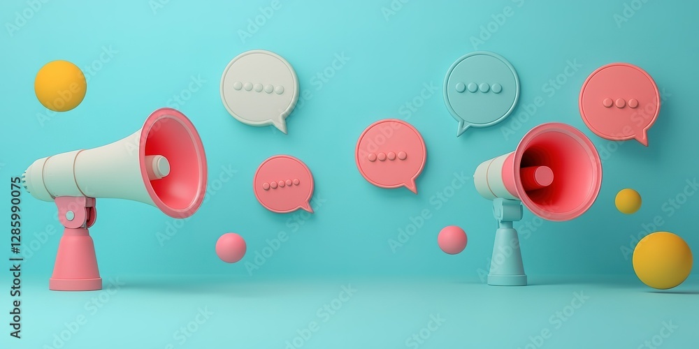 Poster colorful megaphones and speech bubbles create a vibrant communication setup in a playful environment