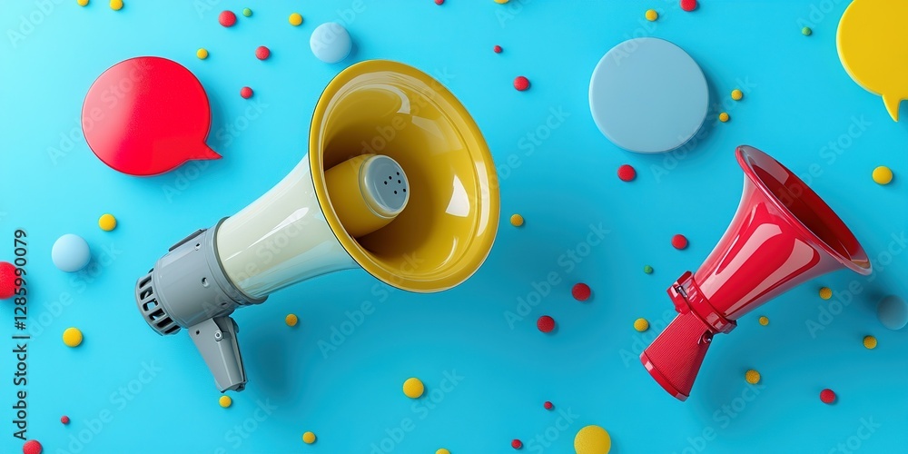 Poster colorful megaphones and speech bubbles on a bright blue background create an engaging visual display