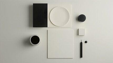 Minimalist workspace arrangement featuring black and white stationery on a clean surface