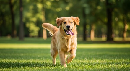Cachorro feliz corriendo en un parque iluminado por el sol