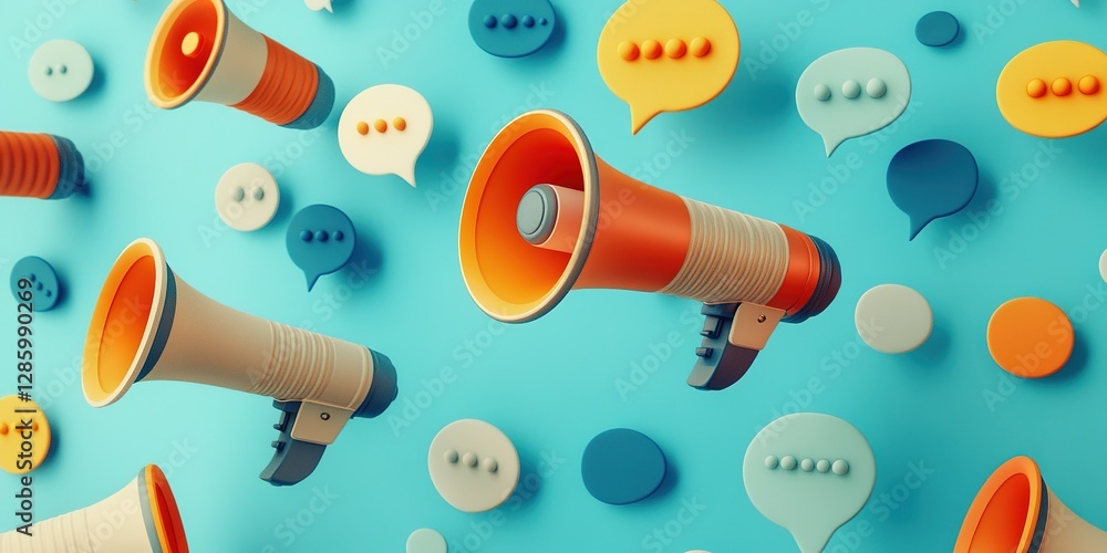 Poster bright megaphones and colorful speech bubbles against a vibrant blue backdrop create an engaging vis