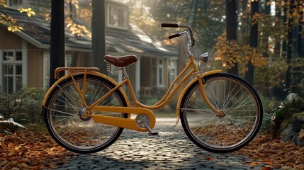 Fototapeta premium Vintage yellow bike on cobblestone path, autumnal homes in background