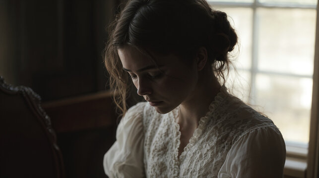 Vintage-style portrait of a young woman in soft window light
