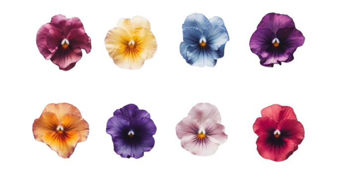 Vibrant pansy flowers in assorted colors on transparent background