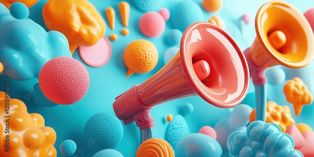 Poster colorful megaphones surrounded by abstract shapes in a vibrant setting highlighting communication an