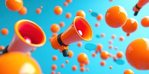 Colorful megaphones and speech bubbles create a lively atmosphere in a vibrant design