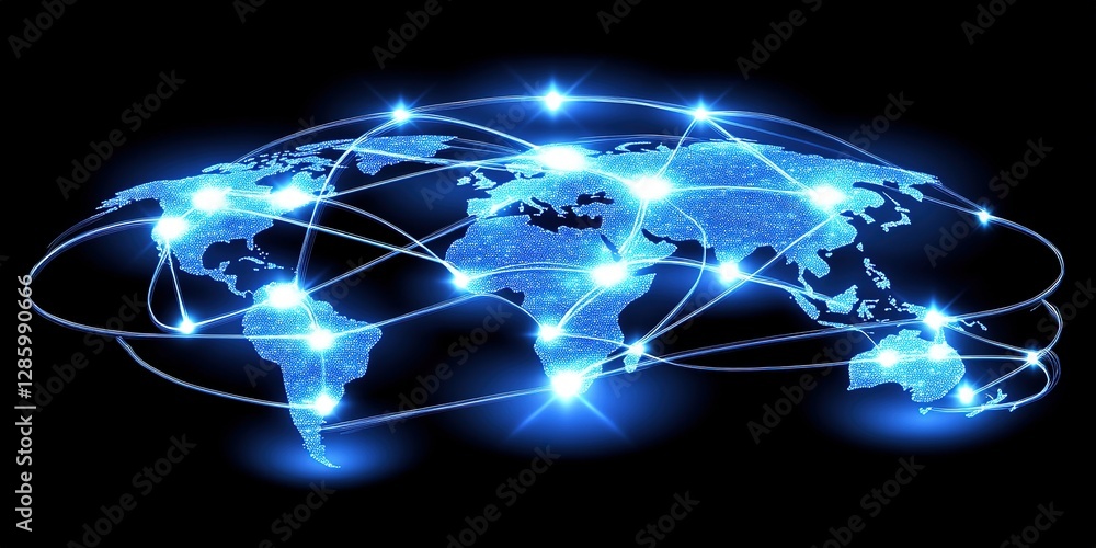 Poster global connectivity illustrated through a bright network of lines linking continents across a digita