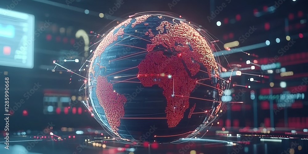 Poster digital globe showcasing global connectivity with red data streams and modern technological interfac