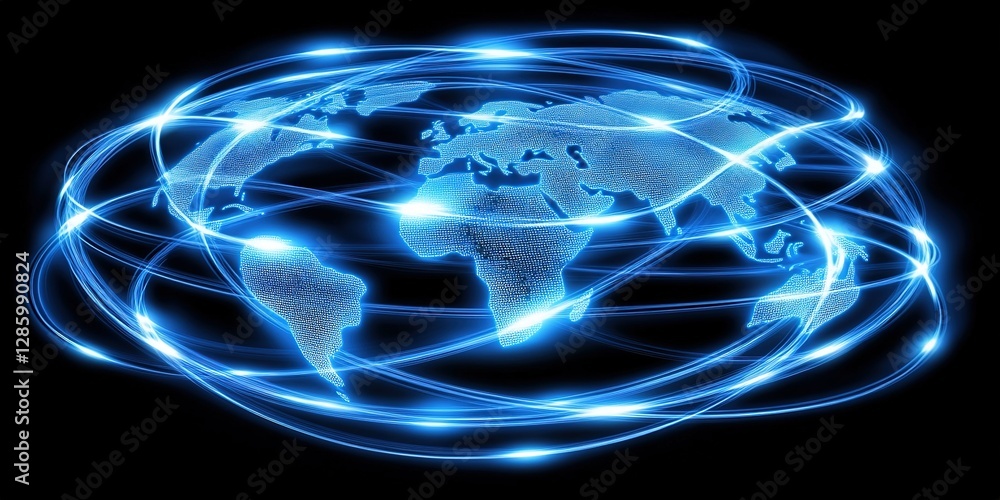 Poster digital connections illuminate the globe with bright blue light, showcasing global networks and comm