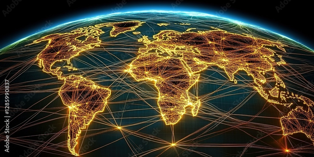 Poster visualization of global internet connections showcasing data pathways across continents and oceans a
