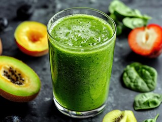 Green smoothie with fruit and vegetables on dark background