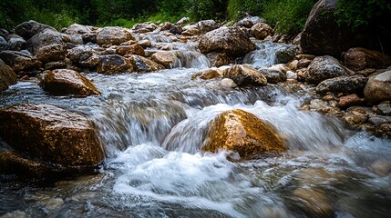 Fototapeta premium Cascading Mountain Stream Flowing Over Rocks a Refreshing Natural Scene