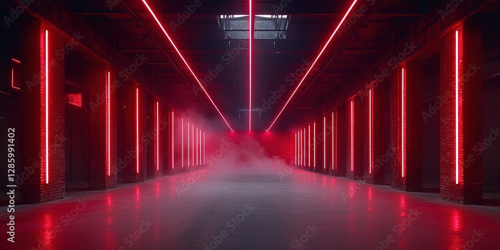Aufkleber red neon lights create a striking atmosphere in an industrial space with fog effects during an event