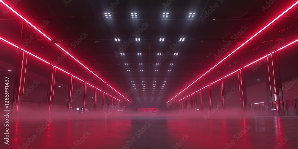 Poster bright red neon lights illuminate an expansive indoor space with fog creating an atmospheric ambianc